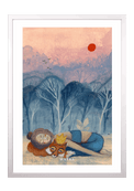 Fine-Art-Kunstdruck einer ruhenden Frau mit Fuchs und weißem Vogel in einer Waldlandschaft von Wayra Arts