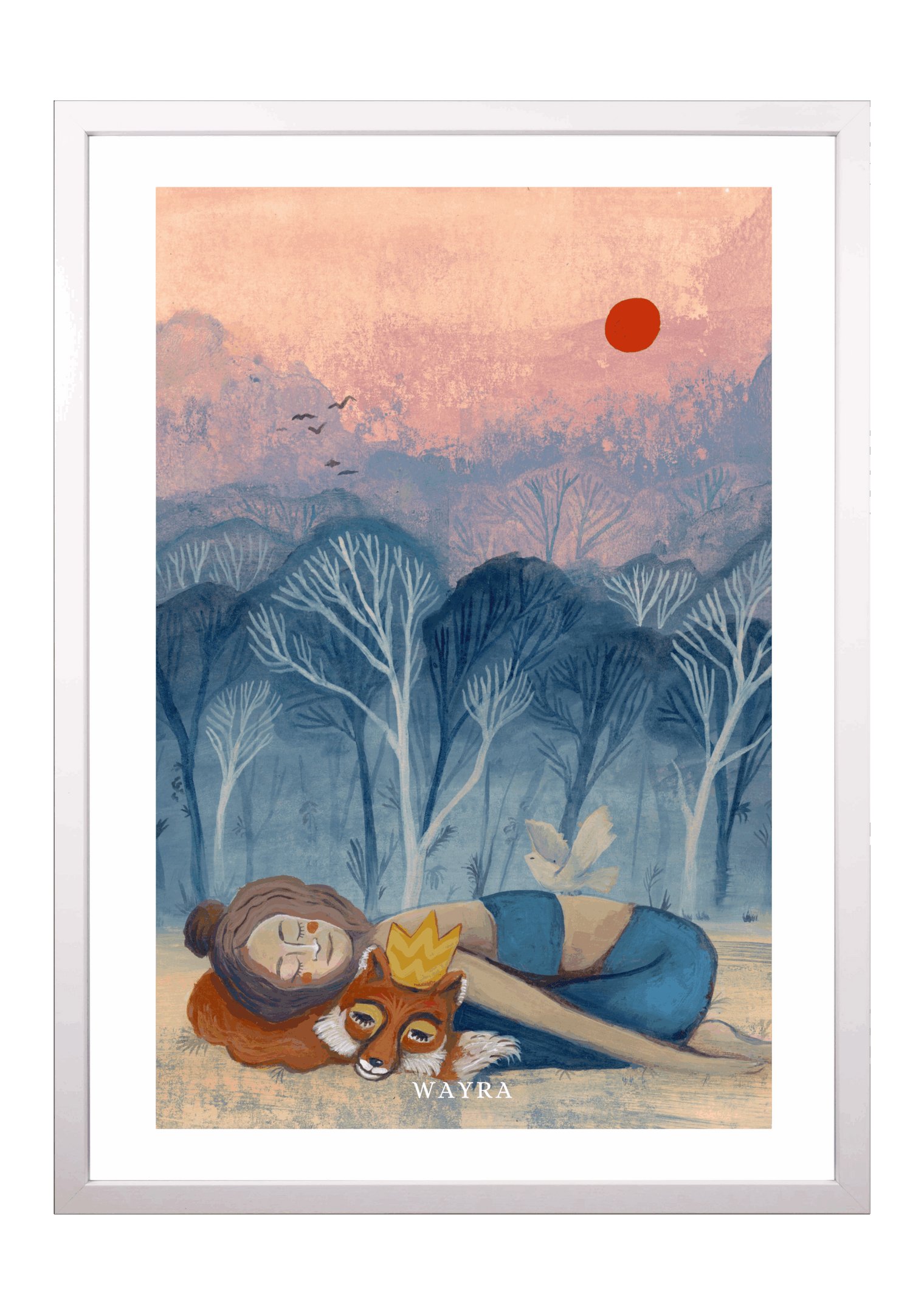Fine-Art-Kunstdruck einer ruhenden Frau mit Fuchs und weißem Vogel in einer Waldlandschaft von Wayra Arts