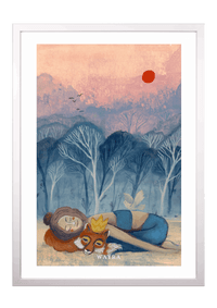 Fine-Art-Kunstdruck einer ruhenden Frau mit Fuchs und weißem Vogel in einer Waldlandschaft von Wayra Arts