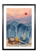 Fine-Art-Kunstdruck einer ruhenden Frau mit Fuchs und weißem Vogel in einer Waldlandschaft von Wayra Arts