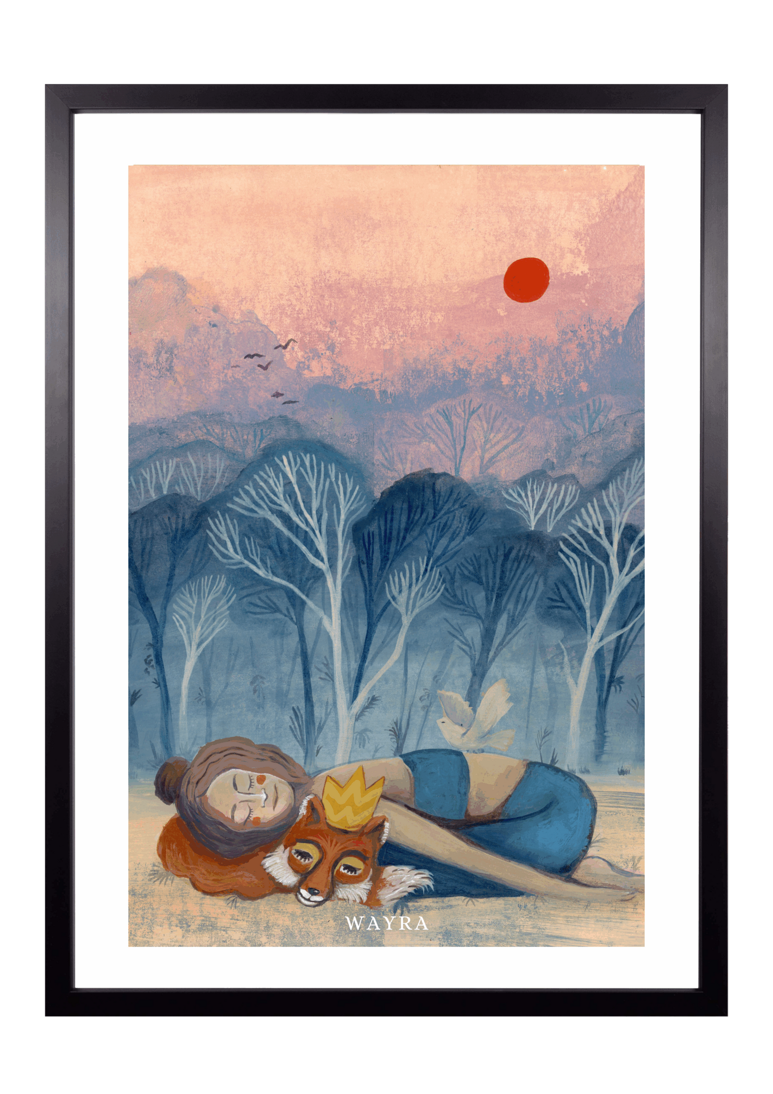 Fine-Art-Kunstdruck einer ruhenden Frau mit Fuchs und weißem Vogel in einer Waldlandschaft von Wayra Arts