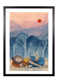 Fine-Art-Kunstdruck einer ruhenden Frau mit Fuchs und weißem Vogel in einer Waldlandschaft von Wayra Arts