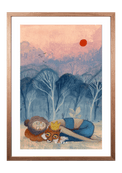 Fine-Art-Kunstdruck einer ruhenden Frau mit Fuchs und weißem Vogel in einer Waldlandschaft von Wayra Arts