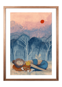 Fine-Art-Kunstdruck einer ruhenden Frau mit Fuchs und weißem Vogel in einer Waldlandschaft von Wayra Arts