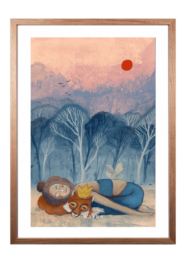 Fine-Art-Kunstdruck einer ruhenden Frau mit Fuchs und weißem Vogel in einer Waldlandschaft von Wayra Arts