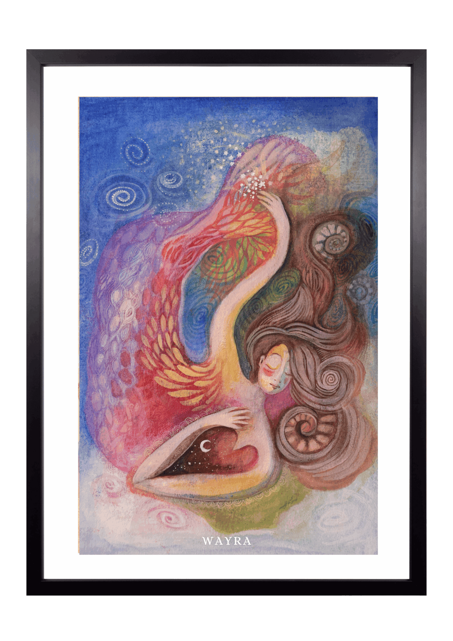 Fine-Art-Kunstdruck einer Frau mit Flügeln und fließenden Naturformen von Wayra Arts