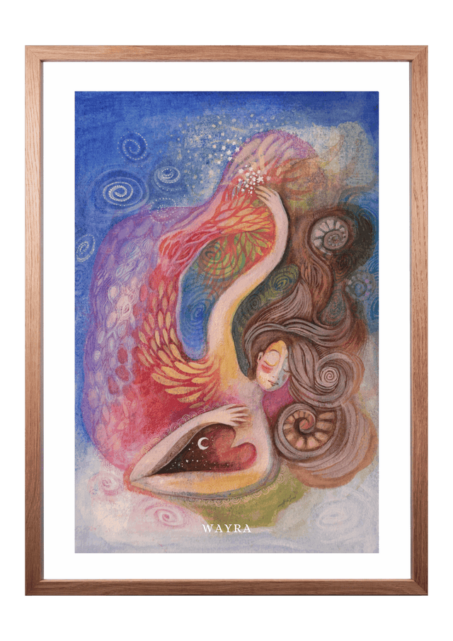 Fine-Art-Kunstdruck einer Frau mit Flügeln und fließenden Naturformen von Wayra Arts