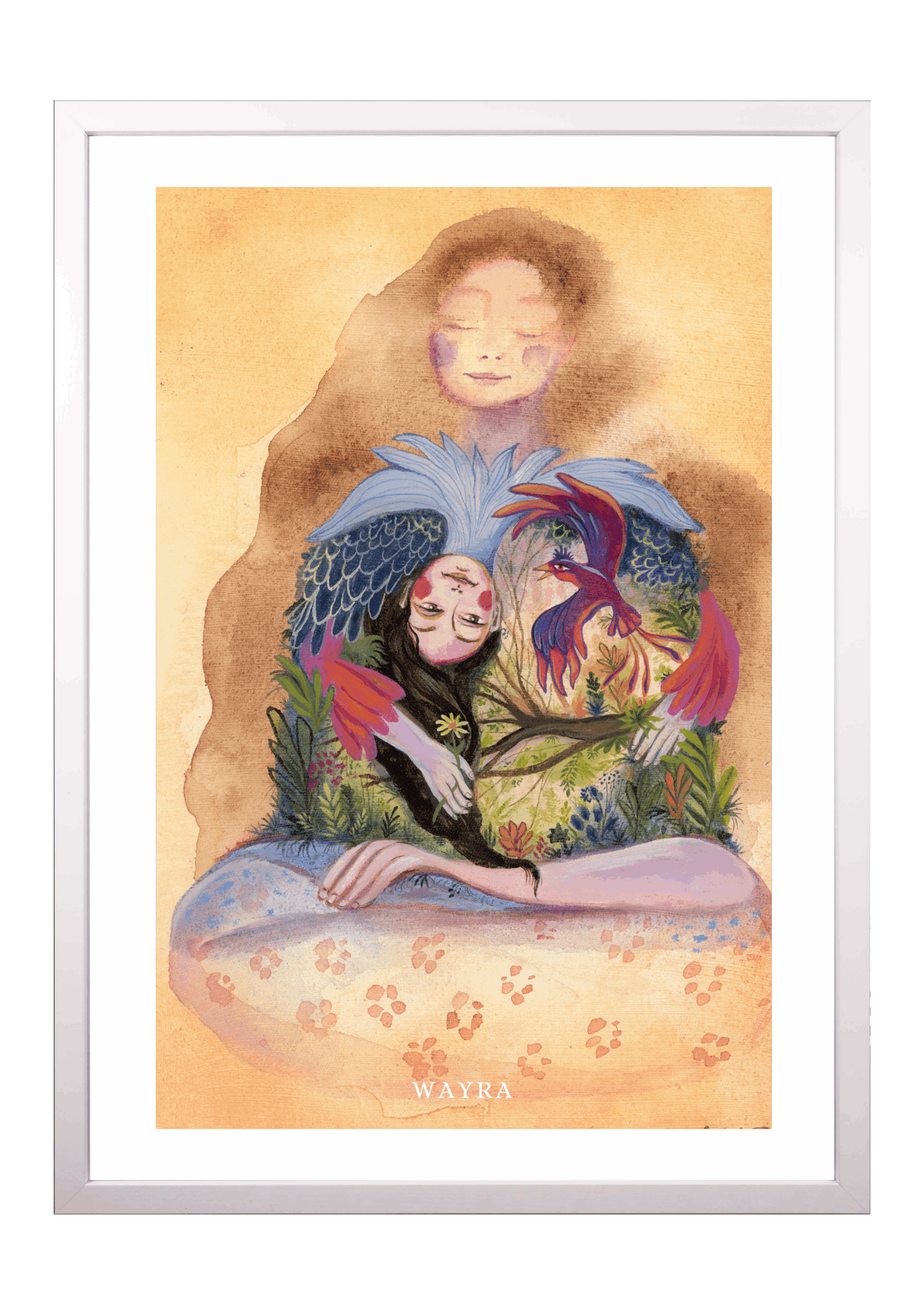 Fine-Art-Kunstdruck einer Frau mit Vogel, Natur und symbolischer innerer Welt von Wayra Arts