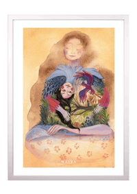 Fine-Art-Kunstdruck einer Frau mit Vogel, Natur und symbolischer innerer Welt von Wayra Arts