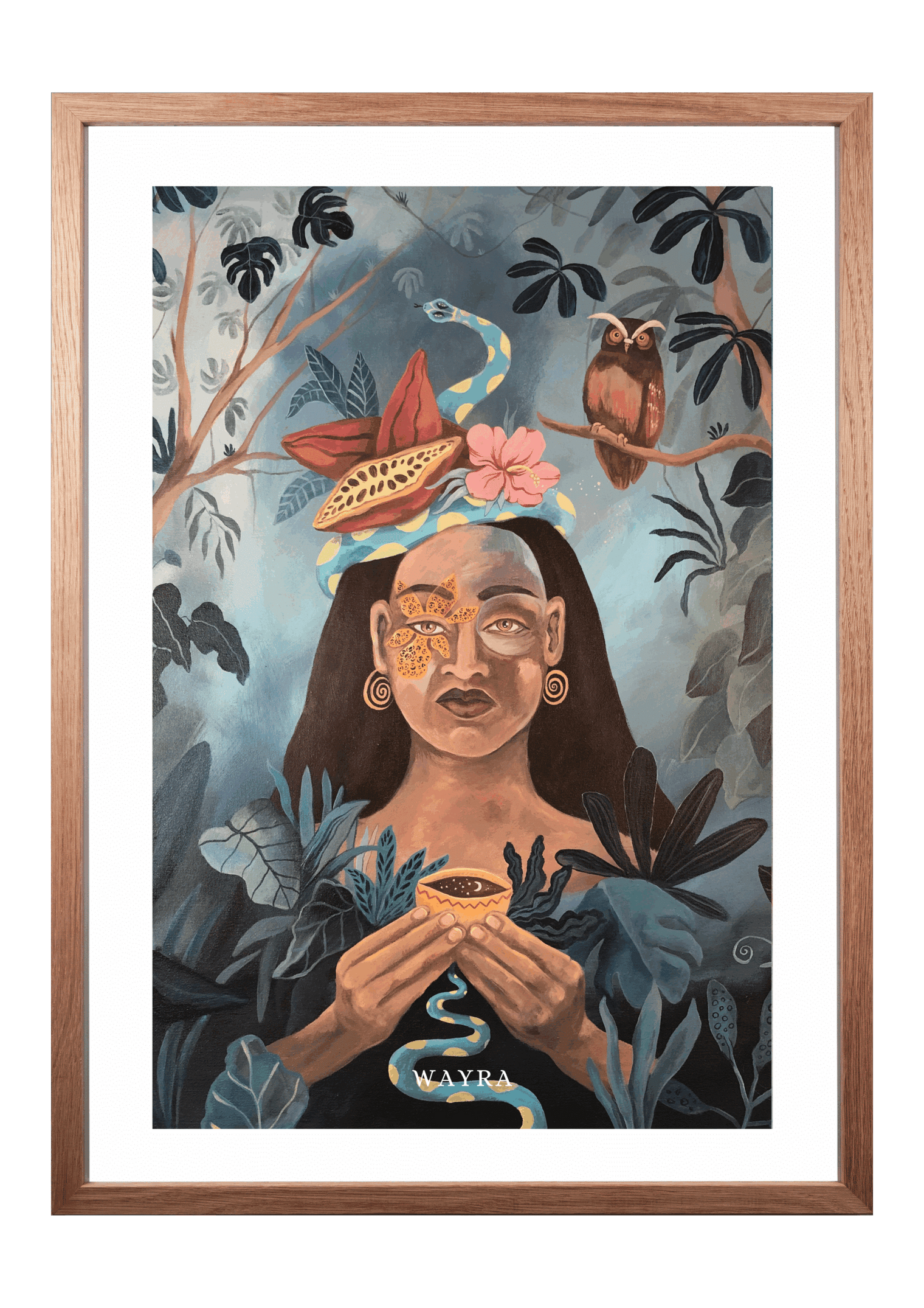 Fine-Art-Kunstdruck einer Frau mit Kakao, Schlange, Eule und tropischen Pflanzen von Wayra Arts