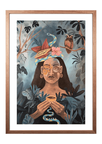 Fine-Art-Kunstdruck einer Frau mit Kakao, Schlange, Eule und tropischen Pflanzen von Wayra Arts