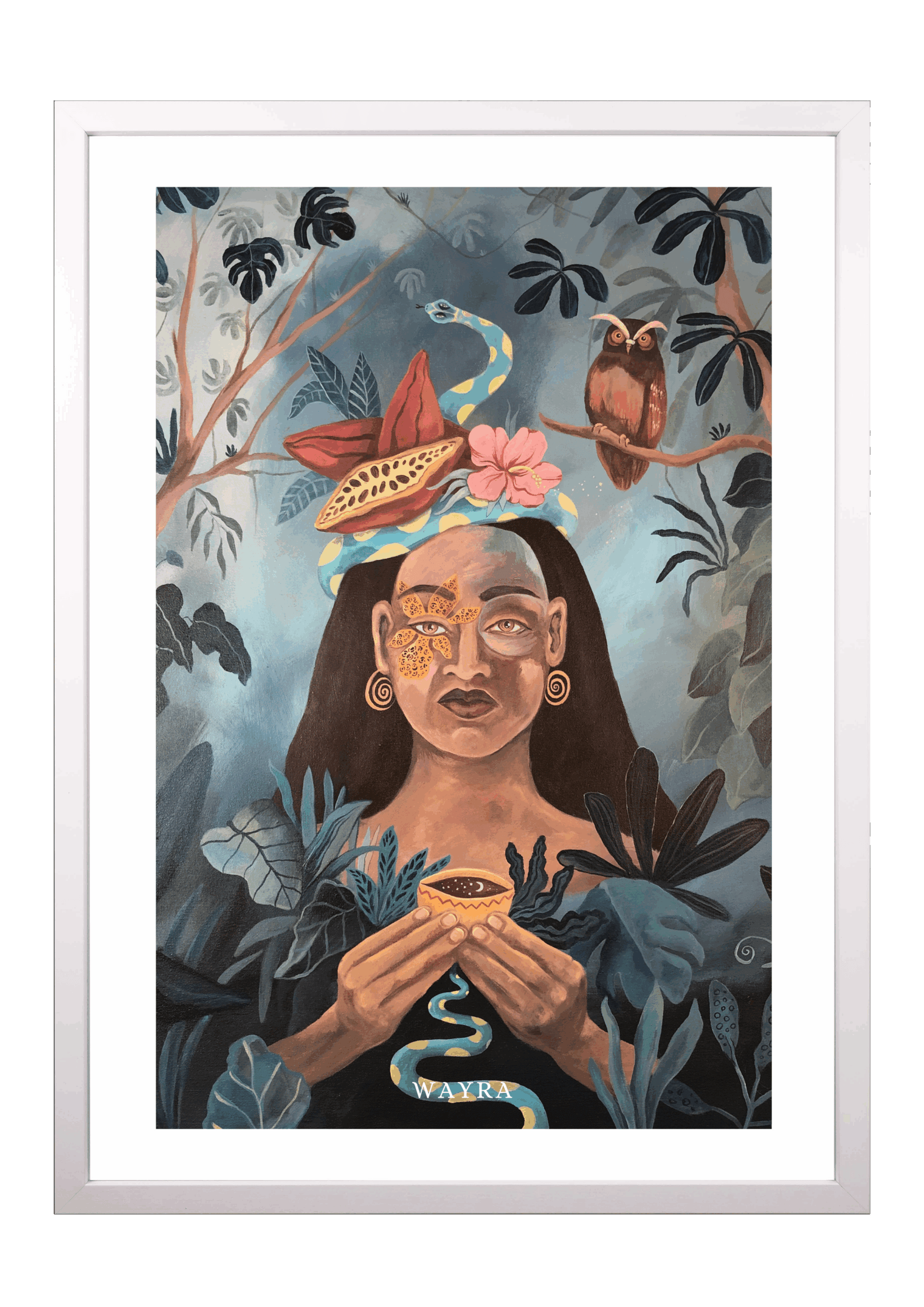 Fine-Art-Kunstdruck einer Frau mit Kakao, Schlange, Eule und tropischen Pflanzen von Wayra Arts