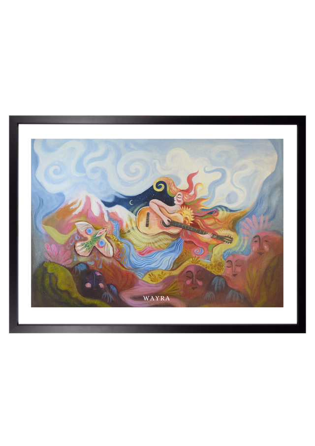 Spiritueller Fine-Art-Kunstdruck einer musizierenden Frau zwischen Bergen, Fluss und Natur von Wayra Arts