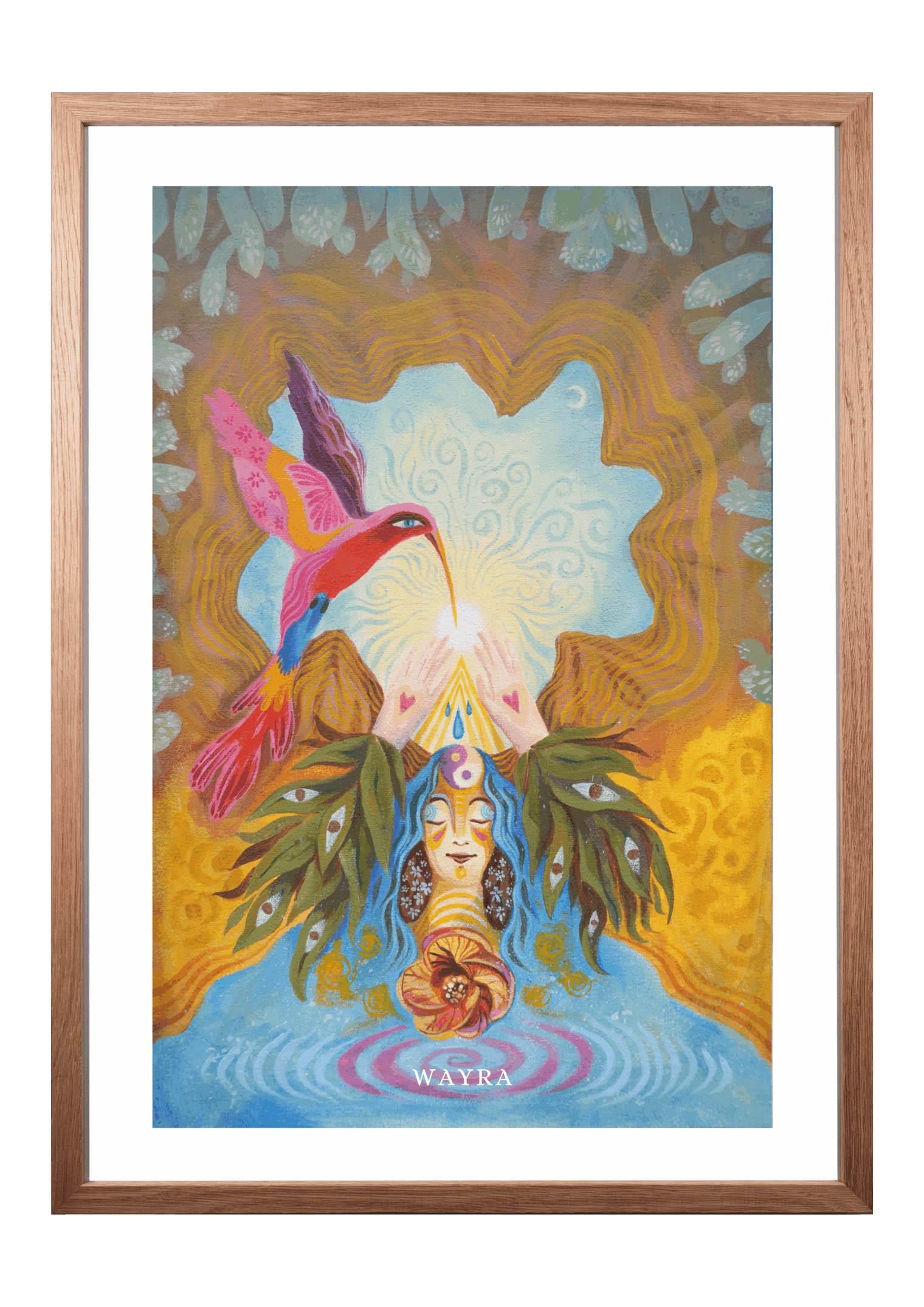 Hochwertiger Fine-Art-Print eines mystischen Gemäldes mit Kolibri und weiblicher Figur