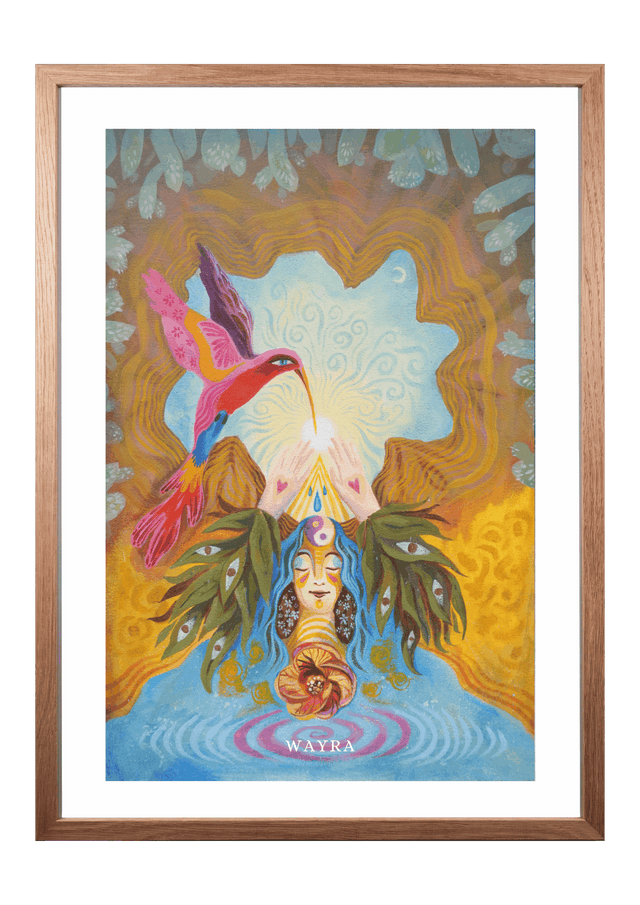 Hochwertiger Fine-Art-Print eines mystischen Gemäldes mit Kolibri und weiblicher Figur