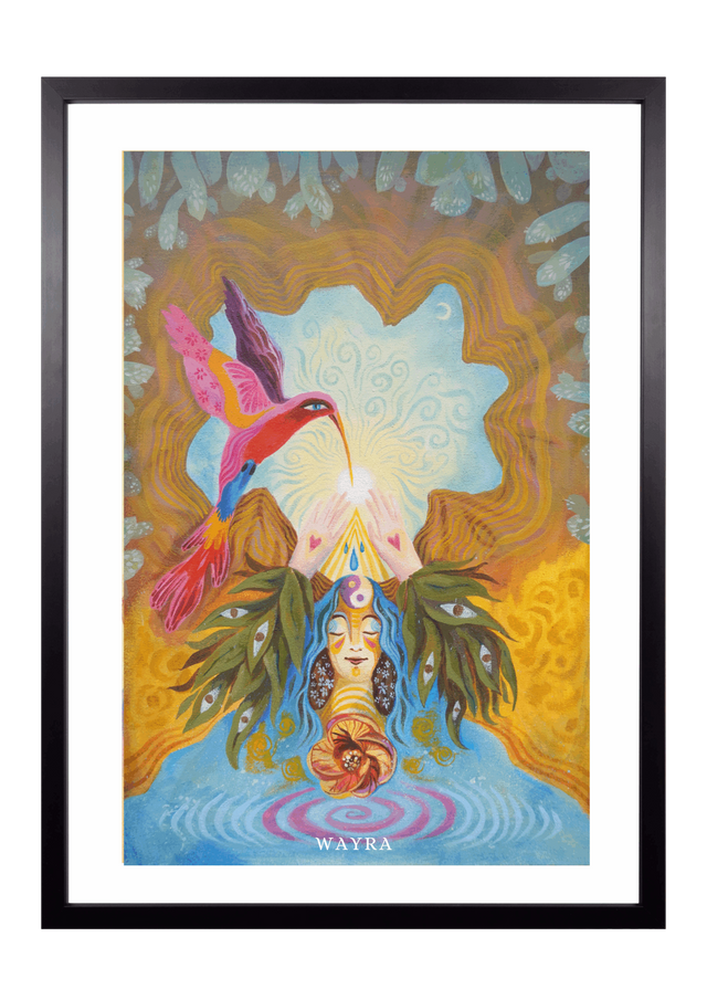 Hochwertiger Fine-Art-Print eines mystischen Gemäldes mit Kolibri und weiblicher Figur