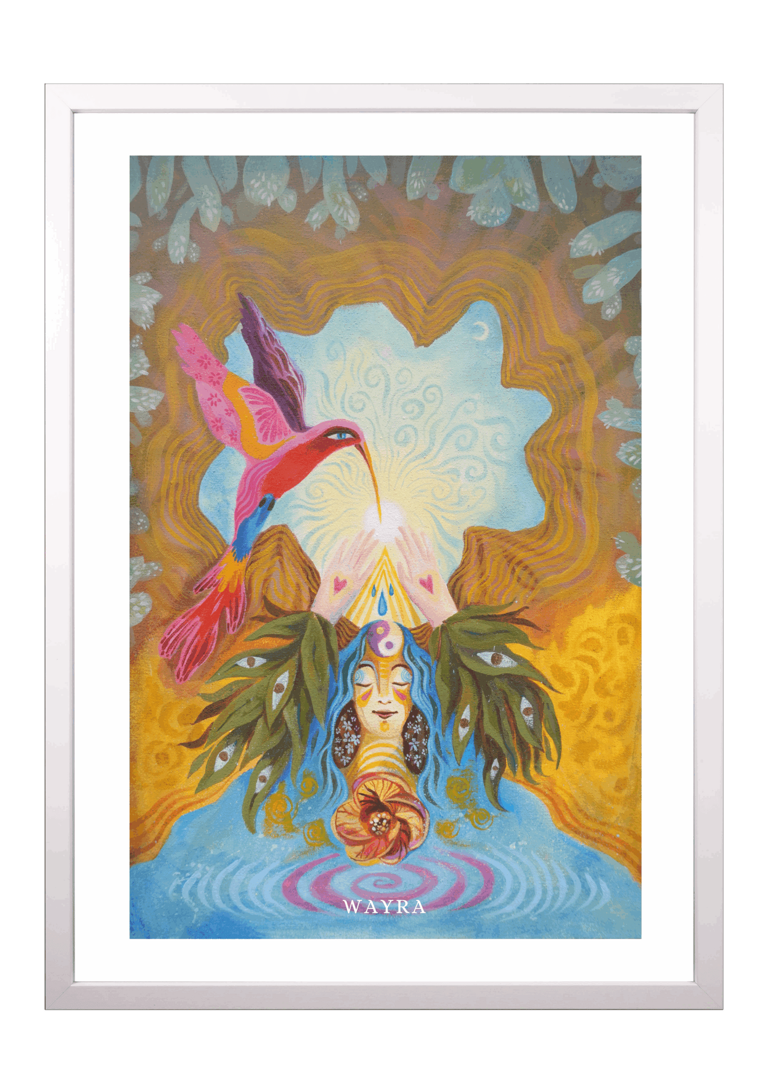 Hochwertiger Fine-Art-Print eines mystischen Gemäldes mit Kolibri und weiblicher Figur