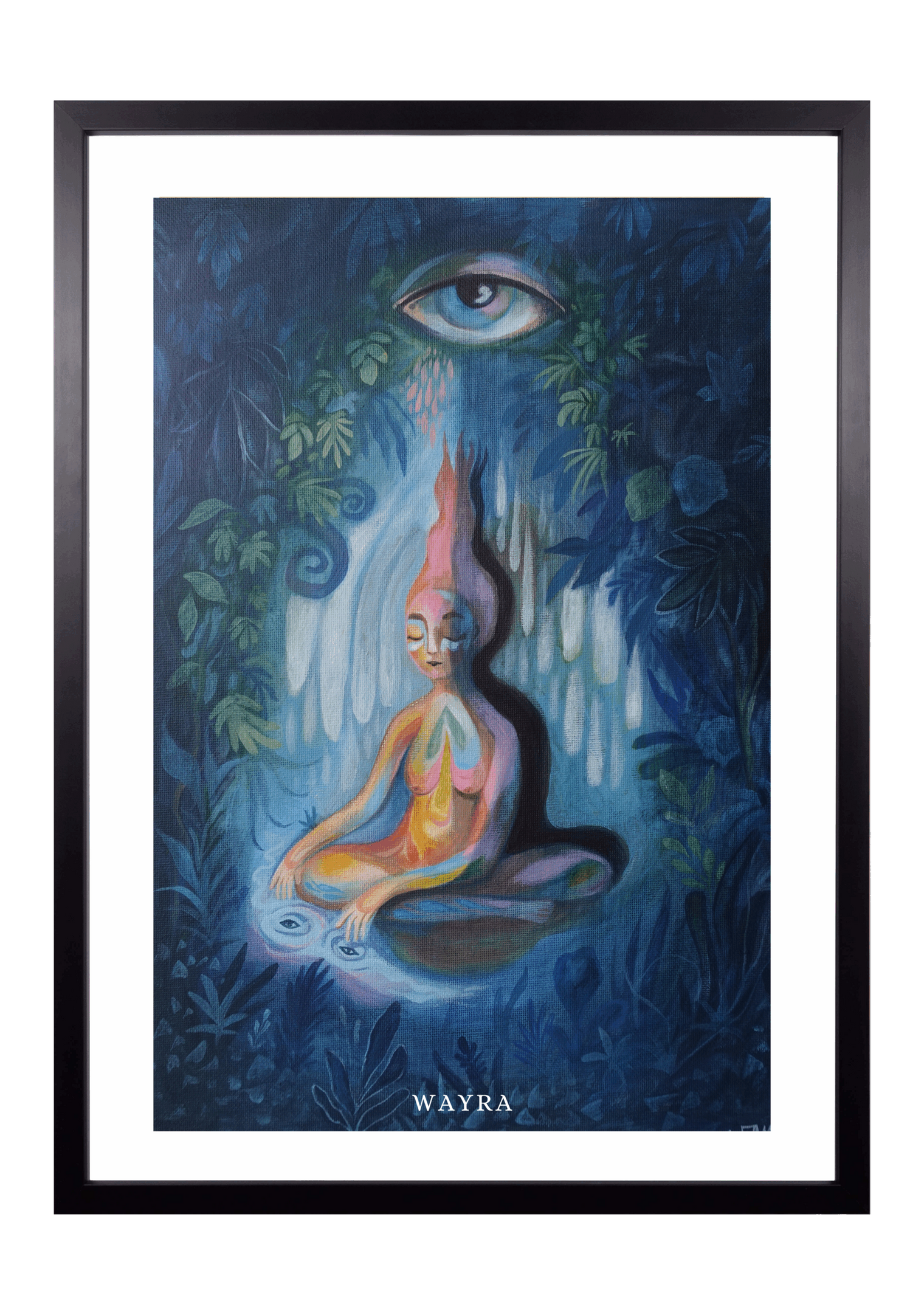 Spiritueller Fine-Art-Kunstdruck einer meditierenden Frau in einer mystischen Waldlandschaft von Wayra Arts