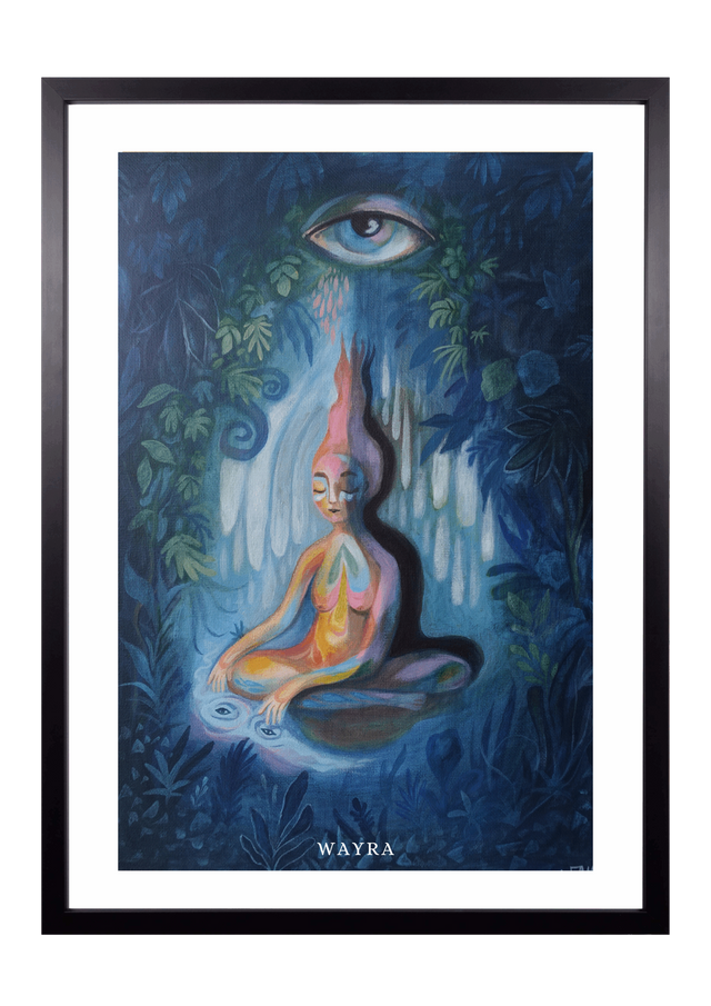 Spiritueller Fine-Art-Kunstdruck einer meditierenden Frau in einer mystischen Waldlandschaft von Wayra Arts