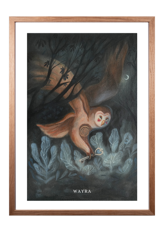 Fine-Art-Kunstdruck eines mystischen Waldkauzes in einer nächtlichen Waldlandschaft von Wayra Arts