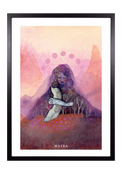 Fine-Art-Kunstdruck einer Frau mit Schleiereule in einer mystischen Berglandschaft von Wayra Arts