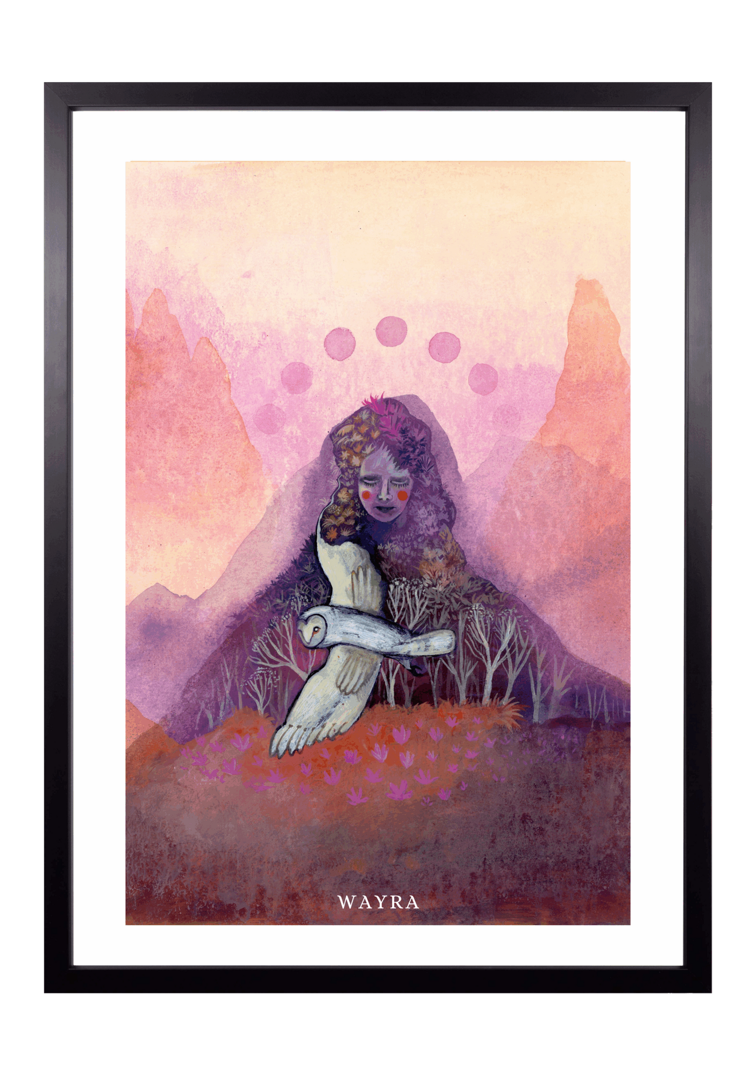 Fine-Art-Kunstdruck einer Frau mit Schleiereule in einer mystischen Berglandschaft von Wayra Arts