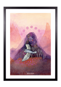 Fine-Art-Kunstdruck einer Frau mit Schleiereule in einer mystischen Berglandschaft von Wayra Arts