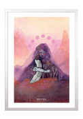 Fine-Art-Kunstdruck einer Frau mit Schleiereule in einer mystischen Berglandschaft von Wayra Arts