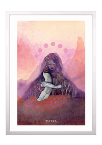 Fine-Art-Kunstdruck einer Frau mit Schleiereule in einer mystischen Berglandschaft von Wayra Arts