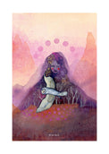 Fine-Art-Kunstdruck einer Frau mit Schleiereule in einer mystischen Berglandschaft von Wayra Arts