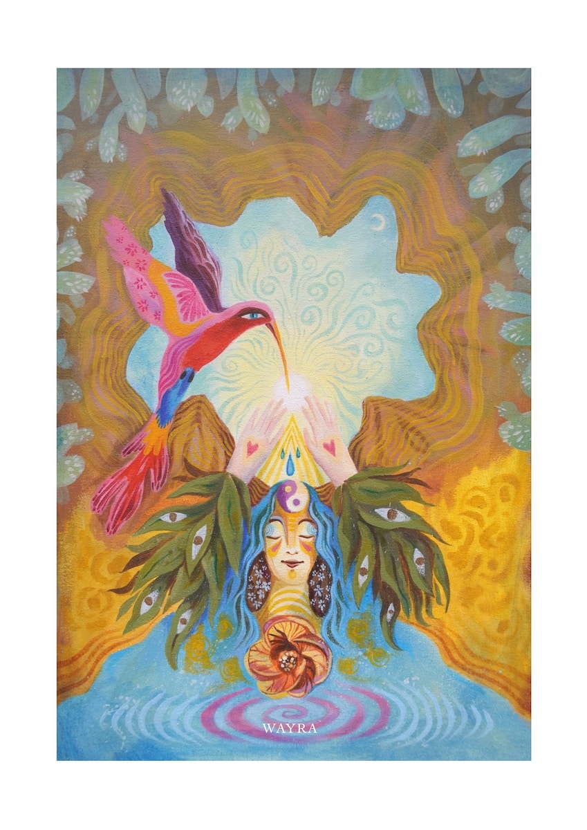 Hochwertiger Fine-Art-Print eines mystischen Gemäldes mit Kolibri und weiblicher Figur