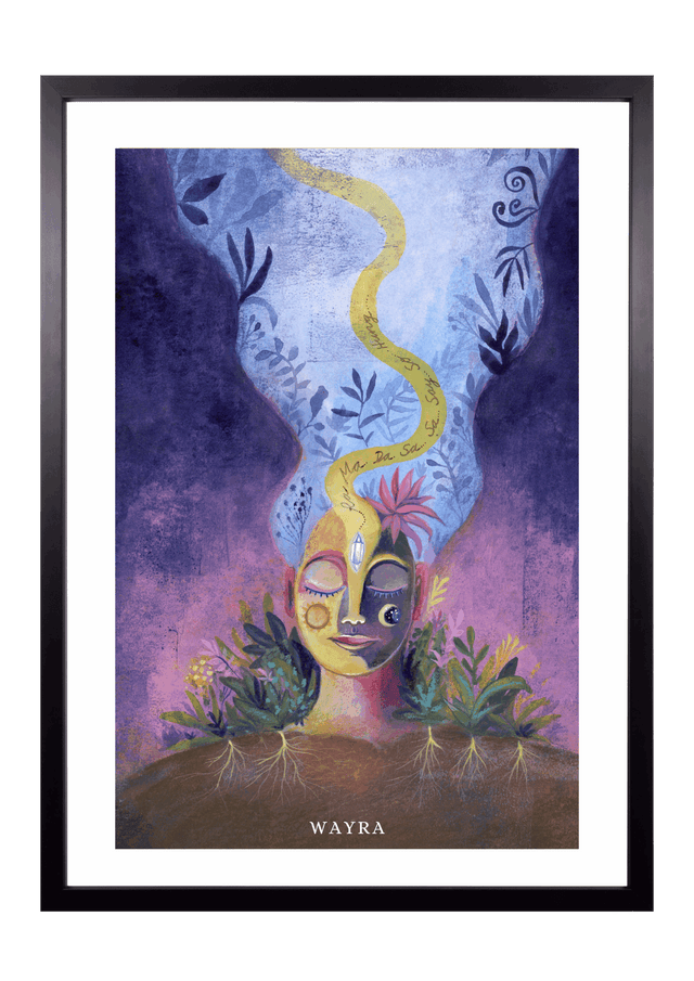 Fine-Art-Kunstdruck einer meditativen Frau mit Pflanzen und Heilmantra RA MA DA SA von Wayra Arts