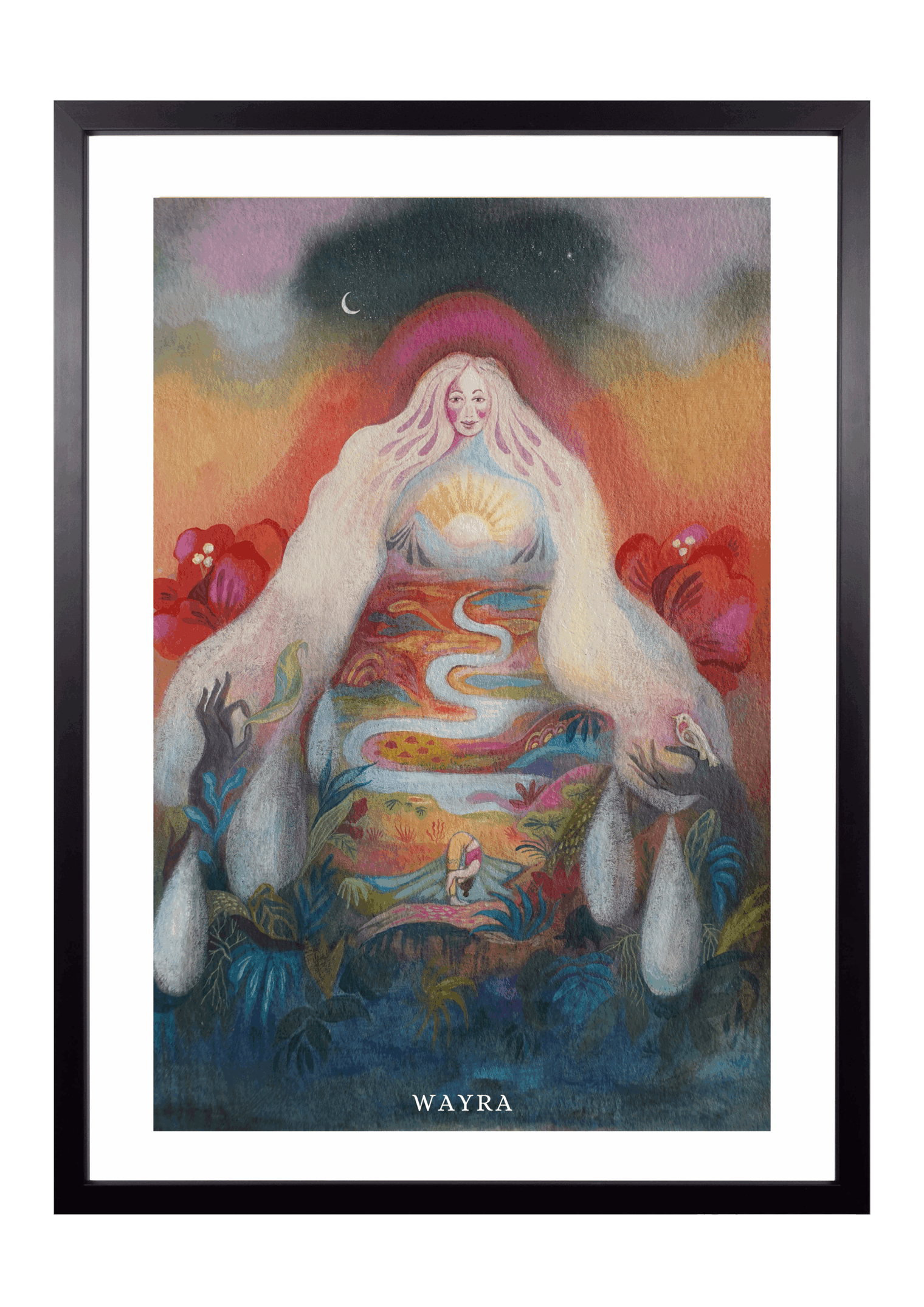 Spiritueller Fine-Art-Kunstdruck einer Frau mit fließender Landschaft und aufgehender Sonne von Wayra Arts