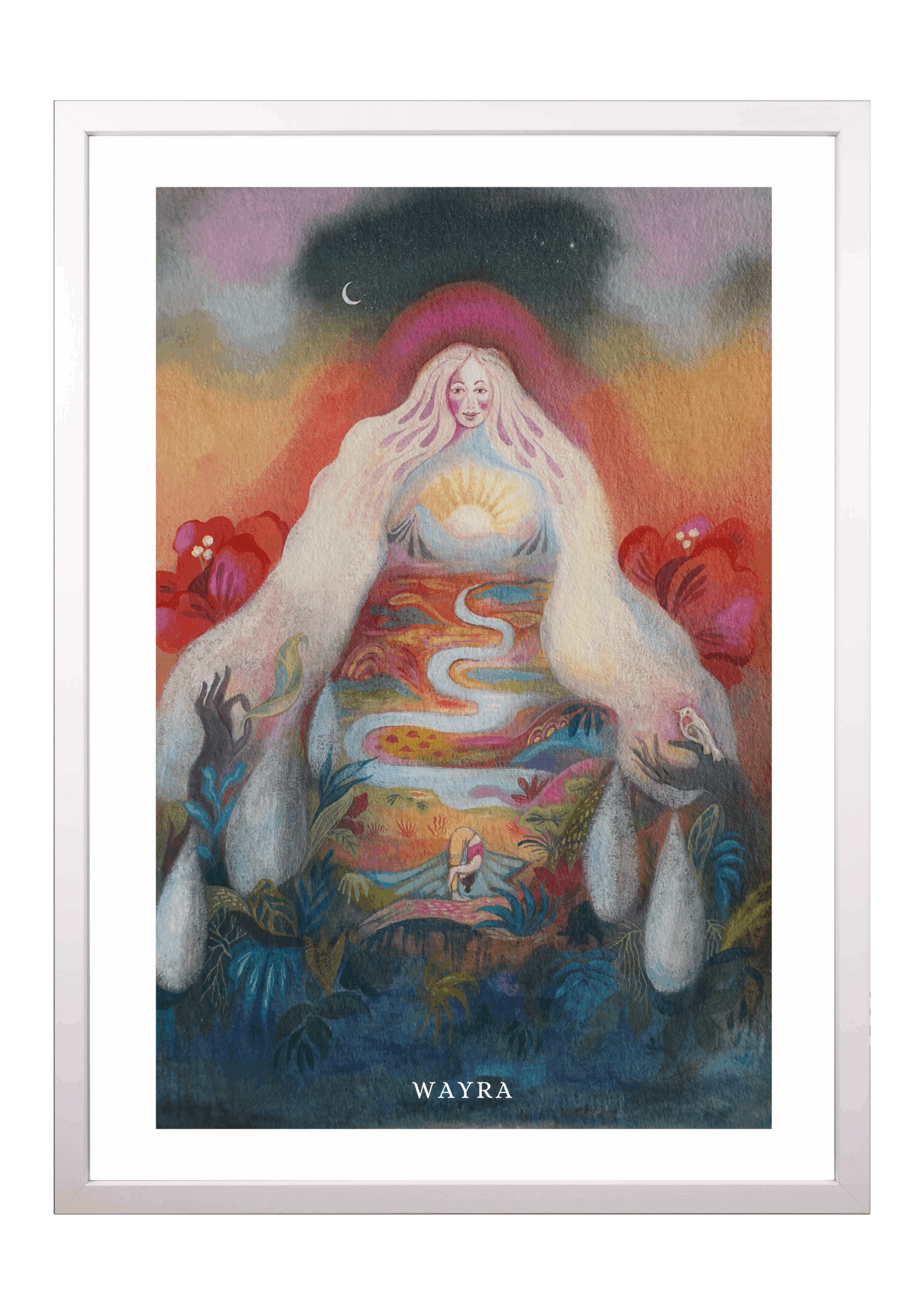 Spiritueller Fine-Art-Kunstdruck einer Frau mit fließender Landschaft und aufgehender Sonne von Wayra Arts