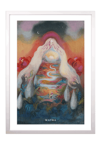 Spiritueller Fine-Art-Kunstdruck einer Frau mit fließender Landschaft und aufgehender Sonne von Wayra Arts