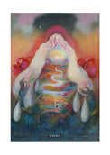 Spiritueller Fine-Art-Kunstdruck einer Frau mit fließender Landschaft und aufgehender Sonne von Wayra Arts