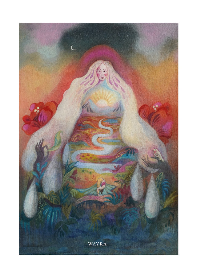 Spiritueller Fine-Art-Kunstdruck einer Frau mit fließender Landschaft und aufgehender Sonne von Wayra Arts