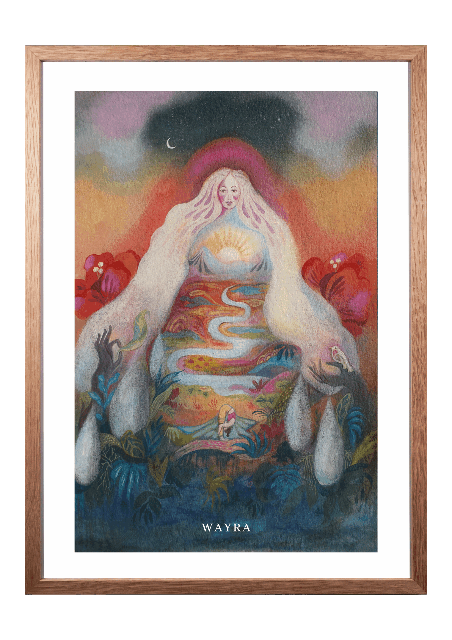 Spiritueller Fine-Art-Kunstdruck einer Frau mit fließender Landschaft und aufgehender Sonne von Wayra Arts