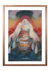 Spiritueller Fine-Art-Kunstdruck einer Frau mit fließender Landschaft und aufgehender Sonne von Wayra Arts