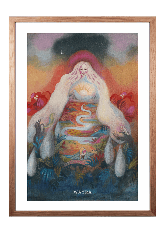 Spiritueller Fine-Art-Kunstdruck einer Frau mit fließender Landschaft und aufgehender Sonne von Wayra Arts